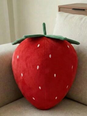 Strawberry Plush Accent Pillow - Red with Green Leaf